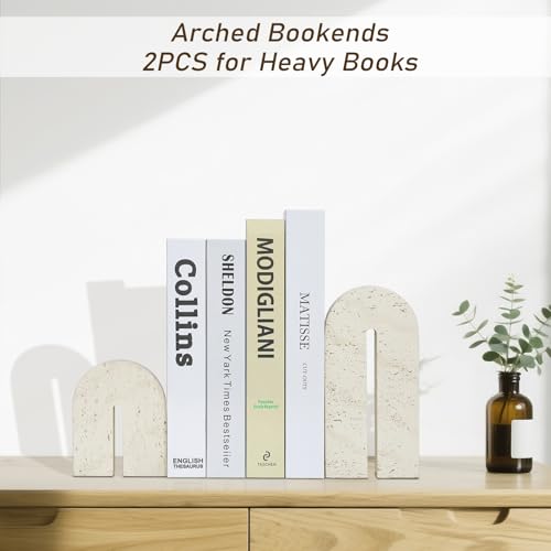 BOHDK Book Ends for Shelves, Resin Heavy Duty Decorative Bookends, Retro Arch Book Holder for Heavy Books, Imitation Travertine Book Stopper for Home Decor, Study, Bookshelf, Desktop, Set of Two