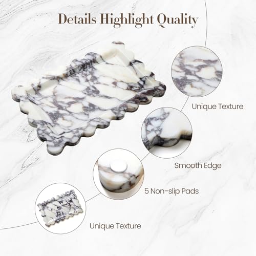 SAMAH Calacatta Viola Natural Marble Tray, Scalloped Bathroom Tray, Decorative Tray for Vanity, Dresser, Kitchen & Home Decor, Birthday Gifts for Women Mom, House Warming Gifts New Home(Rectangle) - size: 11" x 7.2" x 0.7"