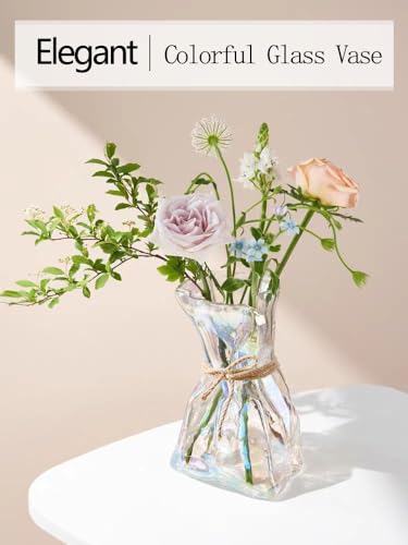 FOWSEEK 6 Inch Small Glass Flower Vase, Irregular Clear Flower Vases for Centerpiece Table Indoor Desk Decor, Modern Art Decorative Vase for Home Office Wedding Bookshelf Housewarming Gift - color: Colorful, size: Small