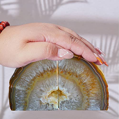 AMOYSTONE Unique Agate Bookends for Kids Decorative Crystal Geode Book Holder 3-4 LBS Non-Skid for Bookend Shelves, Stylish and Functional Bookends - color: Natural, size: 3-4 Pounds