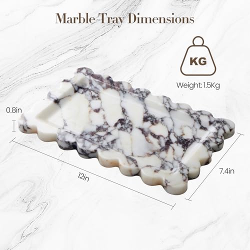 SAMAH Calacatta Viola Natural Marble Tray, Scalloped Bathroom Tray, Decorative Tray for Vanity, Dresser, Kitchen & Home Decor, Birthday Gifts for Women Mom, House Warming Gifts New Home(Rectangle) - size: 11" x 7.2" x 0.7"