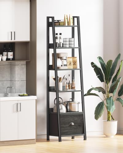 Furologee Bookshelf Set of 2, 6-Tier Ladder Shelf, Ladder Bookshelf with Drawer, Set of 2 Bookshelves, Wood Metal Freestanding Storage Shelf for Living Room, Home Office, Bedroom, Kitchen,Black Oak - color: Black Oak, size: 6 Tier -2 PCS