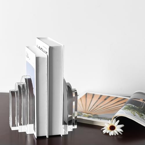 Kitcom Decorative Bookends for Books, Set of 2, Heavy Duty Book Holders Stopper for Shelves, Bookshelf, Bookcase, Office Desk, Home Decor, Aesthetic Layered Arch Design, Clear