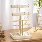 Bracelet Holder Jewelry Organizer Display - 3 Tier T Bar Velvet Stand, Beige Jewelry Storage for Bracelet, Necklaces, Earrings, Rings, Watches - color: Beige