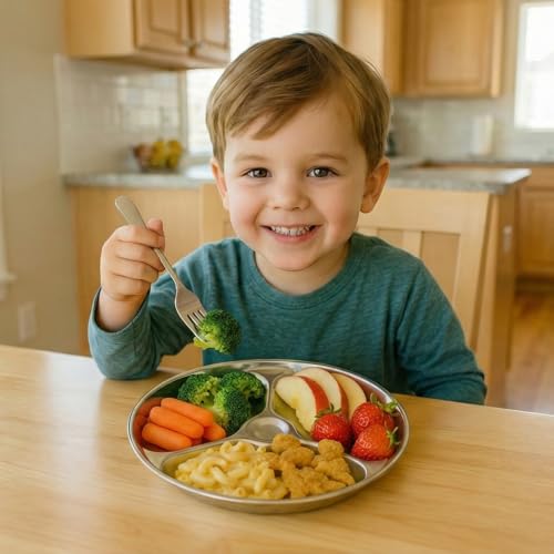 Korean Stainless Steel Divided Plates for Toddlers, Kids, Babies, 8-Inch, Premium 304, Electro-Polished, No Black Residue, BPA-Free, Round 3-Compartment Food Tray, Camping, Diet Control, Set of 2 - size: 3 Compartments (Round)