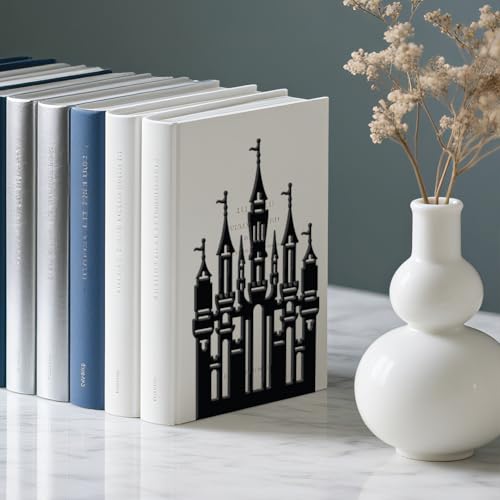 WADORN Magic Castle Metal Decorative Bookend for Shelves 1 Pair, Heavy Duty Book Ends Creative Non-Skid Books Holder Stand Black Book Support Stoppers for Desk Bookshelf Office Home, 5.3x4.3x7.9 Inch - color: Castle