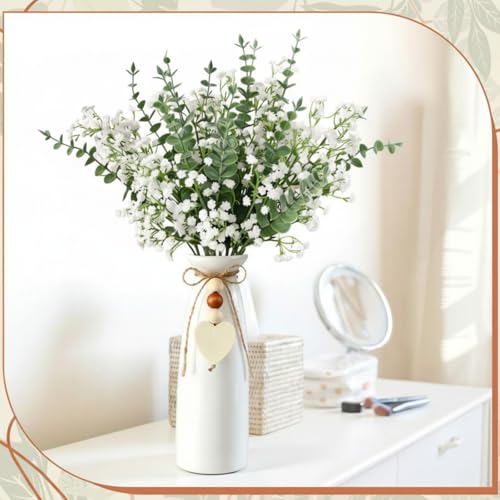 6 Pack 8 Inch Ceramic Vase Set with Jute Rope & Heart Charm, Vases for Centerpiece White Small Decorative Vase for Bohemian Home Decoration Modern Flower Vases for Gift Room Bedroom Office