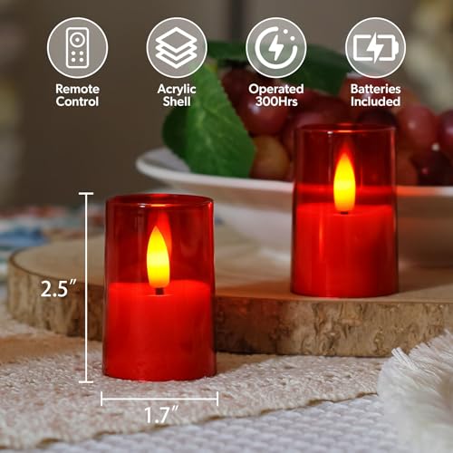 Flameless Small Tea Light LED Candles, Acrylic Battery Operated Votive 1.7" x2.5" with Remote Control and Timer, Tealight Red Flickering Warm Light Pack of 8 Electric Long Lasting - color: Red, size: 8 x 2.5"