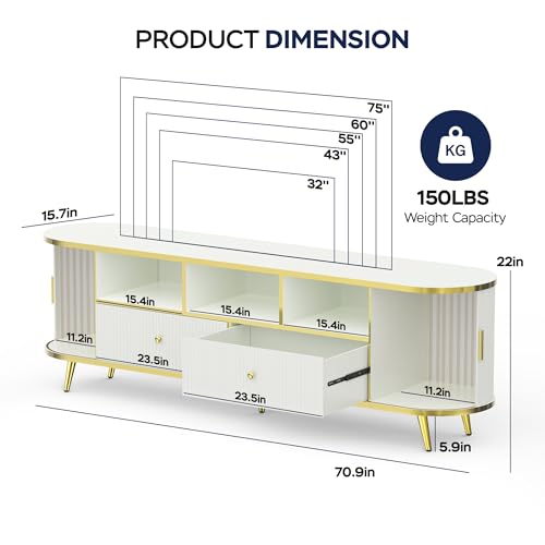 70 inch Fluted TV Stand, Luxury Modern TV Console & Media Entertainment Center for Living Room with Curved Profile, 2 Drawers, Storage Cabinet, and LED Lights, White, Holds TVs Up to 80"