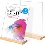 xydstay 2pack 8.5x11 Acrylic Sign Holder with Wood Base for Picture Frames,L/T Shape Double Slot Design for Vertical or Slant Back Display, for Restaurant, Office, School, Store and Home Use - size: 2 pack