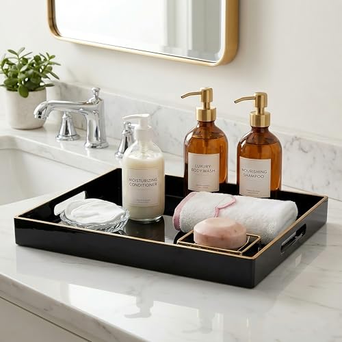 15.8" x 11.8" Black Plastic Serving Tray with Gold Trim and Handles, Decorative Rectangular Tray for Ottoman, Coffee Table, Kitchen Counter, Bathroom Vanity, Heavy-Duty & Easy to Clean - color: Black