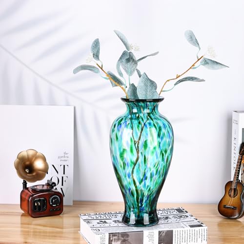 11.8" Tall Turquoise Glass Vase Beautiful Hand Blown Glass Vase Modern Art Home Decor, Wide Mouth Colorful Vases for Mantle Dining Table Centerpiece, Entryway Living Room Wedding Decoration - color: Jade Green
