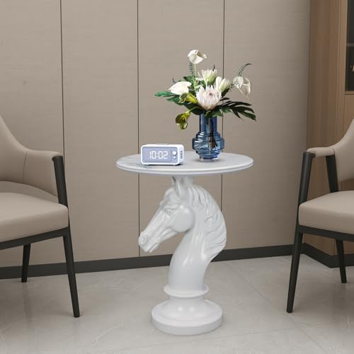 Modern Accent Table Living Room Horse Statue White Contemporary‌ Faux Marble Night Stand Side Table with Horse Head Base Reception Area & Bedroom（Width 19.69" ——Tall 24.8"） - style: White horsehead table