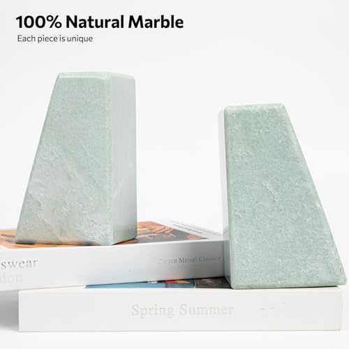 Luxury Marble Bookends for Shelves, 11LB Heavy Duty Marble Book Ends for Heavy Books, Stone Bookends Decorative, Polished, Light Green Triangular, Set of 2 - color: Light Green, size: 3.9×3×6 Inch
