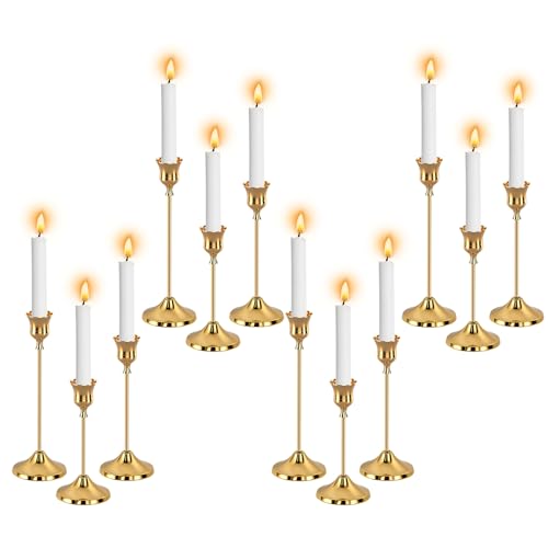 12pcs Gold Candle Holders, Candlestick Holders Taper Candle Holders for Pillar Candles Sticks Holder Decor Halloween Christmas Decorations Candle Candelabros para Centros de Mesa - color: Gold - 12pcs