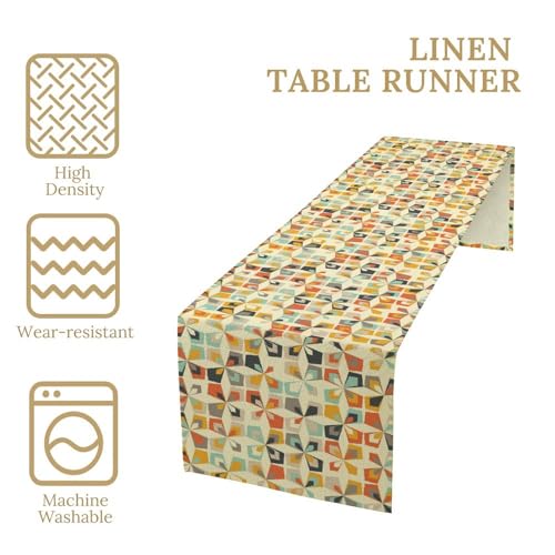 Geometric Vintage Art Table Runner,Mid Century Modern Pattern Colorful Retro Shapes Forms Table Runners for Kitchen Dining Table Home Party Decor 13x36in - color: Beige-orange, size: 13x36in