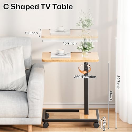Adjustable TV Tray Table - 360° Rotating C Shaped End Side Table Sofa Couch Bed Table with Wheels for Eating Living Room Laptop - color: Oak