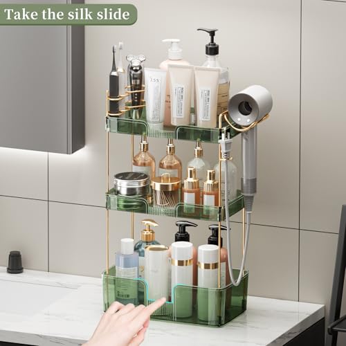 Akinbas 3 Tier Bathroom Organizer Countertop Makeup Perfume Tray Skincare Organizer Comes with Hair Dryer Rack and Toothbrush Holder for Bathroom Dresser Vanity (Green) - color: Green, size: NEW-3 Tier