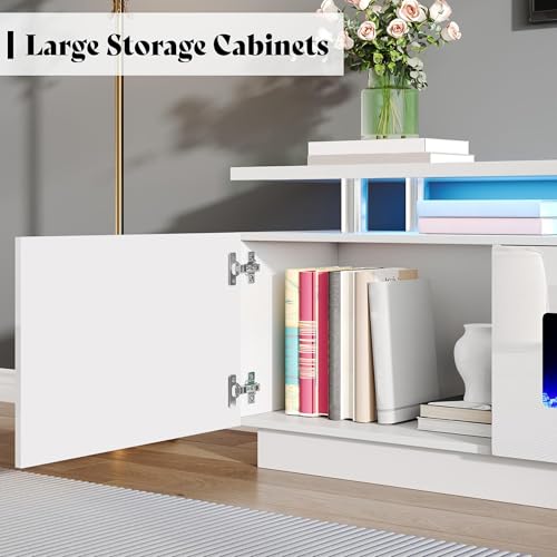 AMERLIFE 90" 2 Tier Fireplace TV Stand with 50" Fireplace, Modern Large Entertainment Center LED Lights, Media Console Table Storage Cabinet for TVs Up to 100", Living Room, White & White - color: White & White, size: 90"