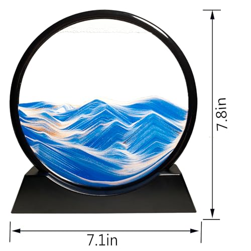HYUGF Moving Sand Art Picture Ocean Decor, 3D Deep Sea Sandscape Liquid Motion, Round Glass Frame Display Flowing Sand Relaxing Gift for Kids Adults Home Office Work Desktop Decoration Toy (Blue, 7") - color: Blue, size: 7 inches