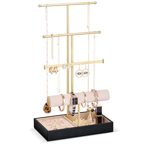 Lolalet Jewelry Holder Tree with Velvet Tray, 4 Tiers Necklace Display Stand Rack with Ring Slots Organizer for Earrings Bracelets Bangles Ring, Valentine's Day Gift -Black - color: Black