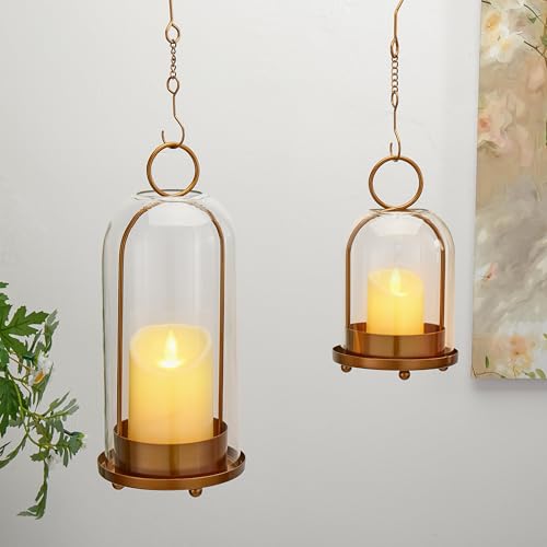 Hurricane Glass Candle Holders for Pillar Candles Set of 2 (5" & 4" Wide), Gold Metal Candlestick Holders, Modern Decorative Centerpiece Lanterns for Table Mantel Wedding Housewarming Gift - color: Gold