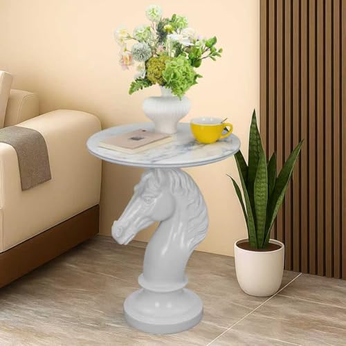 Modern End Table Living Room Horse Statue White Contemporary‌ Faux Marble Night Stand Side Table with Horse Head Base Reception Area & Bedroom（Width 19.69" ——Tall 24.8"） - color: White Large Horsehead Table