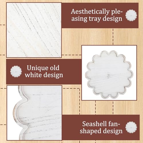 BreezeHug White Decorative Serving Tray Wood 12.6 Inch Scalloped Serving Tray Round Wooden Display Plate with Scalloped Borders for Coffee Table Living Room Bedroom Entryway Decoration - color: White