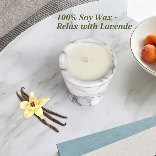 Scented Candle in Handmade Marble Container |1 Set | Soy Wax | Non-Toxic | Reusable Stone Jar | Story of Stone | Distinctive Gift. Natural Spring Aromatherapy for Women & Men - color: Fressia&Marble container