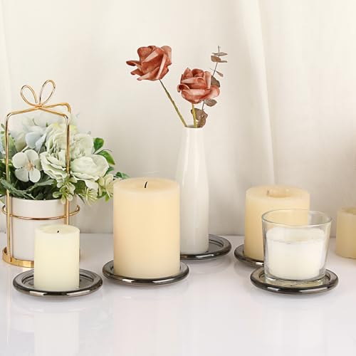 OwnMy 5PCS Glass Pillar Candle Holders Set - 3 Inch Glass Pillar Candle Plates, Round Candle Stand Base Clear Candle Plates and Trays for Wedding Dining Table Centerpieces, Grey