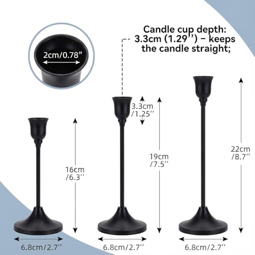 Black Taper Candle Holders Set of 3, Metal Vintage Candlestick Stands for Dining Table Centerpiece, Wedding Decor, Fireplace Mantel, Housewarming Gift - color: Black