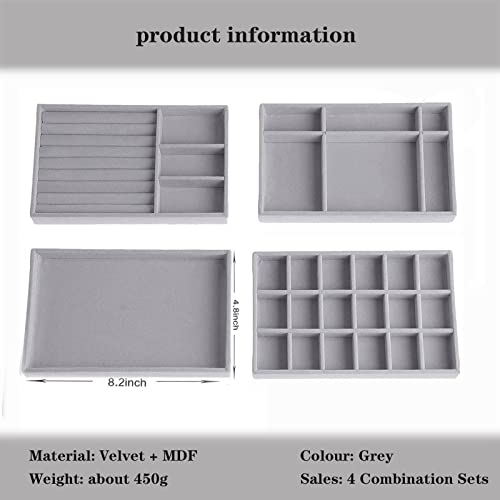 Stackable Jewelry Organizer Trays for Drawer, Set of 4 Velvet Jewelry Drawer Inserts in Dresser, 8in Storage Display Case for Rings Stud Necklaces Accessories(Grey) - color: Grey