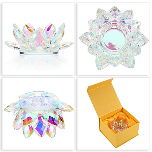 OwnMy Crystal Lotus Flower Tea Light Holder Lotus Petals Votive Candle Holder Candle Lamp, Crystal Flower Tealight Candle Stand for Wedding Table Centerpieces Home Decors (AB Color) - color: Ab Color