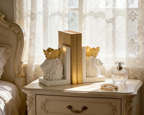 White Lion Head Bookends with Regal Design, Solid Resin for Heavy Duty Book Support, Non-Slip Pads for Stability, Gift for Lion Enthusiasts Collectors - color: White