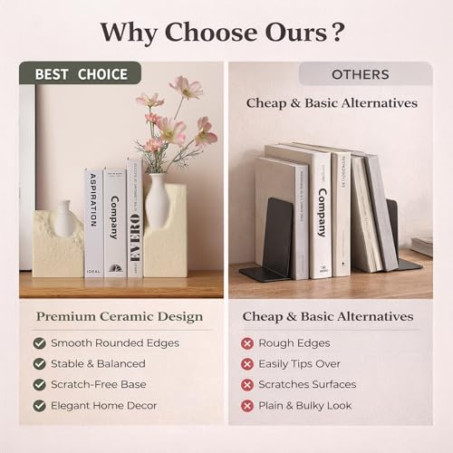 Ceramic Vase Bookends for Shelves, Modern Decorative Bookends with Flower Vase, Aesthetic Bookshelf Decor Book Ends with 2 Artificial Tulip Flowers