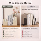 Ceramic Vase Bookends for Shelves, Modern Decorative Bookends with Flower Vase, Aesthetic Bookshelf Decor Book Ends with 2 Artificial Tulip Flowers