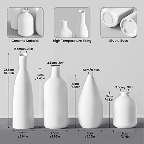White Ceramic Vase Set of 4,Modern Farmhouse Decorative Vases for Entryway Mantel Centerpiece Bookshelf Console Table - color: White*4