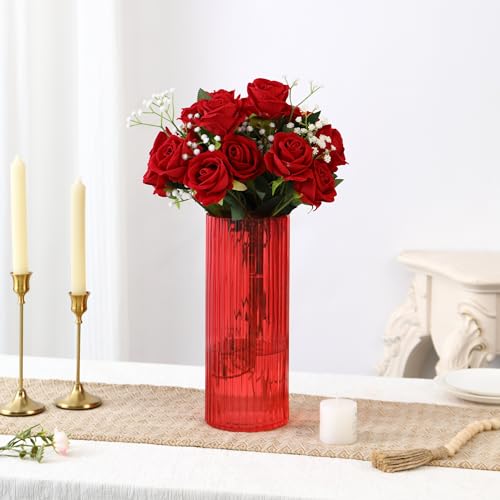 Red Glass Vase for Flowers, Ribbed Glass Vase for Tulips, Modern Red Vases, Tall Cylinder Glass Vases for Living Room, Bedroom, Dining Table, Office, Wedding, Bookshelf, 12 Inches - color: Red, size: 12''