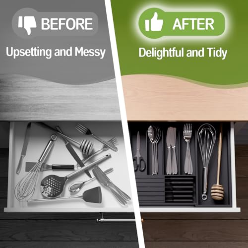 Bamboo Kitchen Silverware Drawer Organizer - Expandable Wood Utensil Holder with Dividers, Luxury Cutlery Storage Tray for Kitchen Utensil and Flatware (5-7 Slots with Removable Knife Block, Black) - color: Black