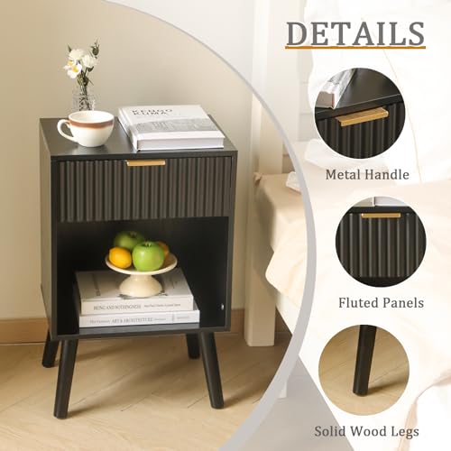 Fultyle Fluted Black Nightstand with Charging Station, Mid Century Modern Bedside Table with Drawers and Outlet,Side Tables Living Room, Wooden Night Stand for Bedroom, Office (Black) - color: Black With Charging Station