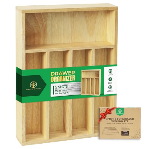 Rubber Wood Silverware Organizer for Drawer - [15"L x 11"W x 2"H] Utensil Tray, 5 Compartment Flatware Holder, Multi-Purpose Kitchen Drawer Organizer for Utensils, Stationery & Hand Tools