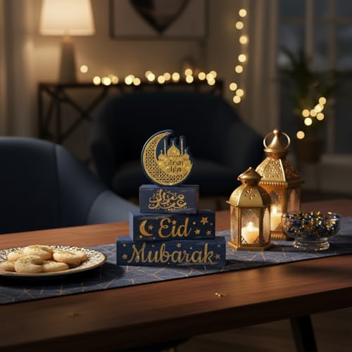 Smile 4Pc Ramadan Wooden Decorations Eid Mubarak, Ramadan Islamic Tiered Tray Muslim Party Tabletop Home Decor - style: Eid