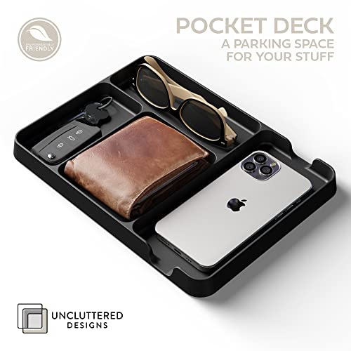 Pocket Deck Valet Tray (Black) for Men. Everyday Carry EDC Caddy Bamboo Organizer. Perfect for Night Stand, Bedside, Dresser, Desk, Office, Bedroom. with Phone Charger. Storage Slots for Wallet, Keys