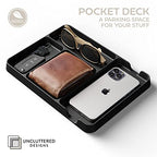 Pocket Deck Valet Tray (Black) for Men. Everyday Carry EDC Caddy Bamboo Organizer. Perfect for Night Stand, Bedside, Dresser, Desk, Office, Bedroom. with Phone Charger. Storage Slots for Wallet, Keys