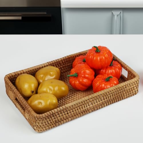 Rattan Serving Tray, Rectangle Coffee Table Tray with Handles, Decorative Ottoman Tea Tray Wicker Basket for Coffee, Bread, Fruits, Snacks, Breakfast, Drinks, Table Decor - size: 14.5" x 9.2" x 2.6"