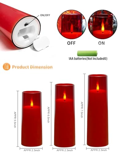 kakoya Flickering Flameless Candles Battery Operated with Remote and 2/4/6/8 H Timer Plexiglass Led Pillar Candles Pack of 9 (D2.3 xH5.5 6.5" 7.5") with Realistic 3D Wick Candles for Home Decor(Red) - color: Red