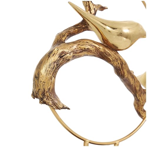 Deco 79 Polystone Bird Decorative Sculpture Family On A Branch Home Decor Statue with Brown Block Base, Accent Figurine 15" x 4" x 16", Gold