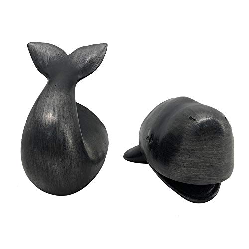 Comfy Hour 10" Black Nautical Whale Figurine Style Bookends, Antique Vintage Ocean Statue Home Decor, Heavy Duty Coastal Book Stoppers Pair, 1 Pair
