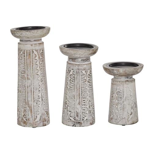 Deco 79 Wood Floral Handmade Decorative Candle Holder Intricate Carved Pillar Candle Stand, Set of 3 Candlestick Holder 10', 8', 6'H, White