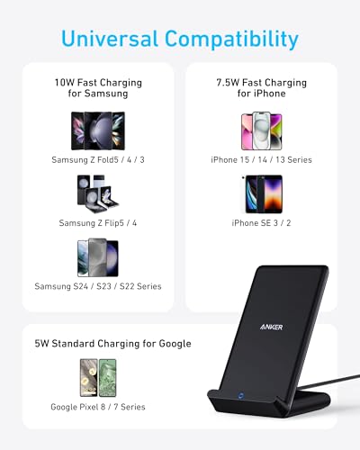 Anker 313 Wireless Charger (Stand), Qi-Certified for iPhone 17/17/17 Pro/17 Pro Max/15/14/13, 10W Fast-Charging Galaxy S23 S22 S21(No AC Adapter) - color: Black, size: 1pack